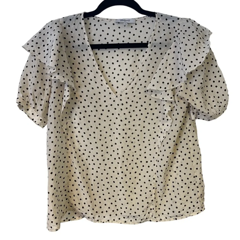 Madewell Silk V-Neck Shoulder-Ruffle Top in Inkbrush‎ Dots S